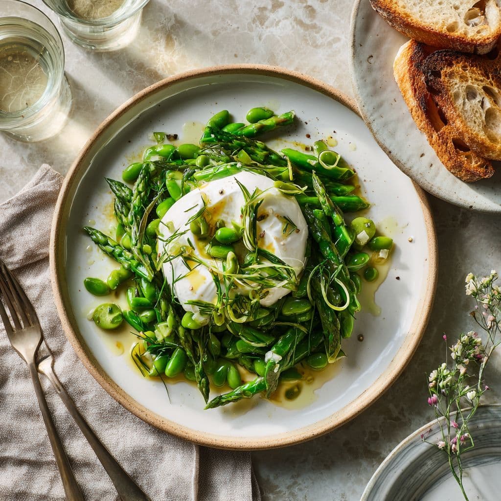Asperges met sugarsnaps en burrata
