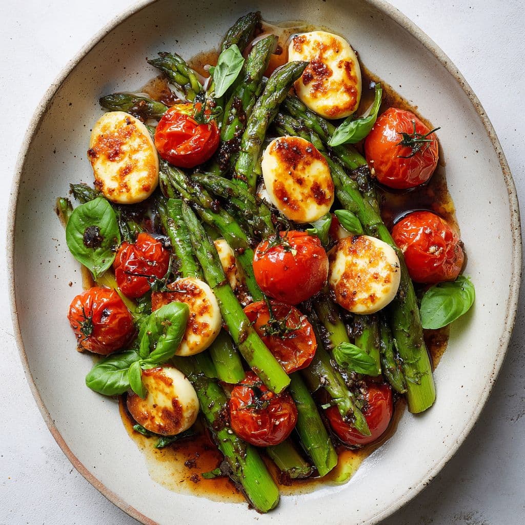 Geroosterde asperges met halloumi en tomaat