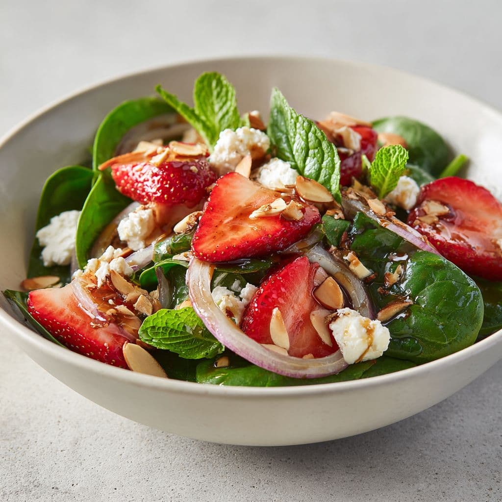 Spinaziesalade met aardbei, feta en munt