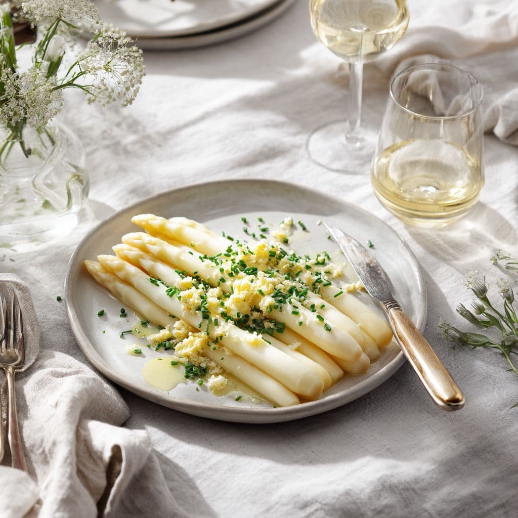 Witte asperges met 0.0 wijn, ei en bieslook