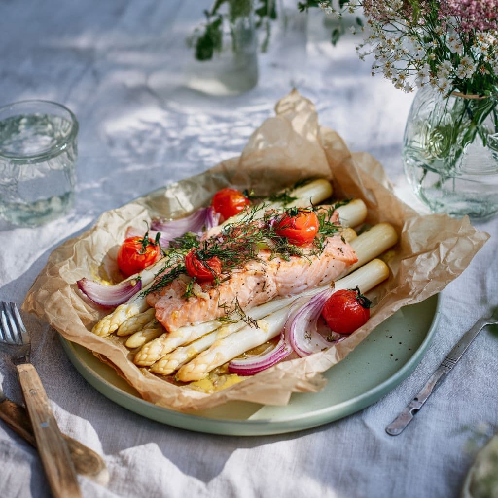 Zalmpakketje met witte asperges en groenten